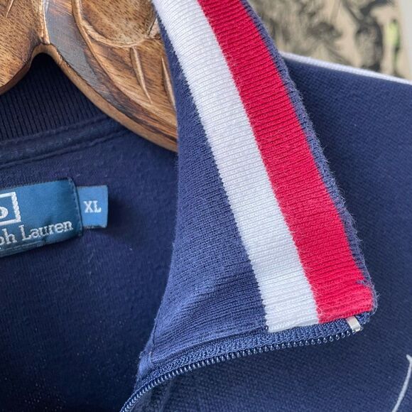 Vintage Polo Ralph Lauren Blue Pique Cotton Big Pony Full Zip Jacket XL Red Whit - Picture 4 of 10